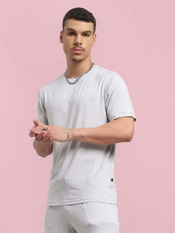 Genz-Classic Men's Light Grey Solid Cotton T-Shirt