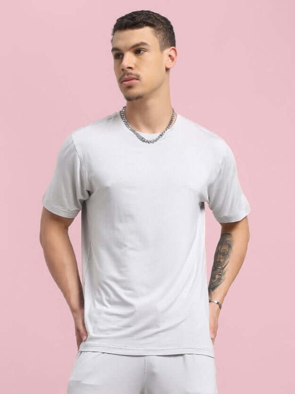 Genz-Classic Men's Light Grey Solid Cotton T-Shirt