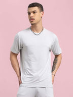 Genz-Classic Men's Light Grey Solid Cotton T-Shirt