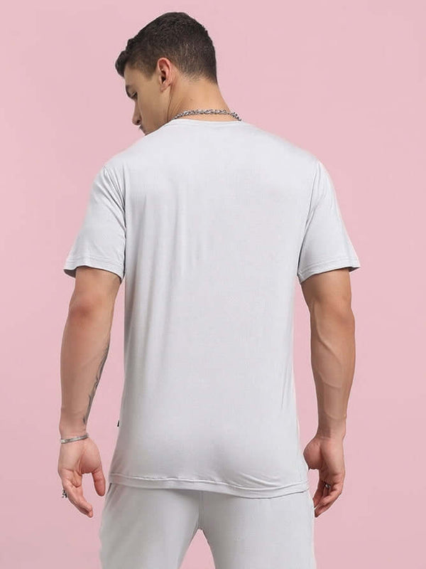 Genz-Classic Men's Light Grey Solid Cotton T-Shirt