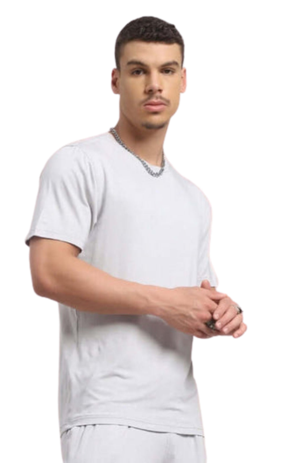 Genz-Classic Men's Light Grey Solid Cotton T-Shirt