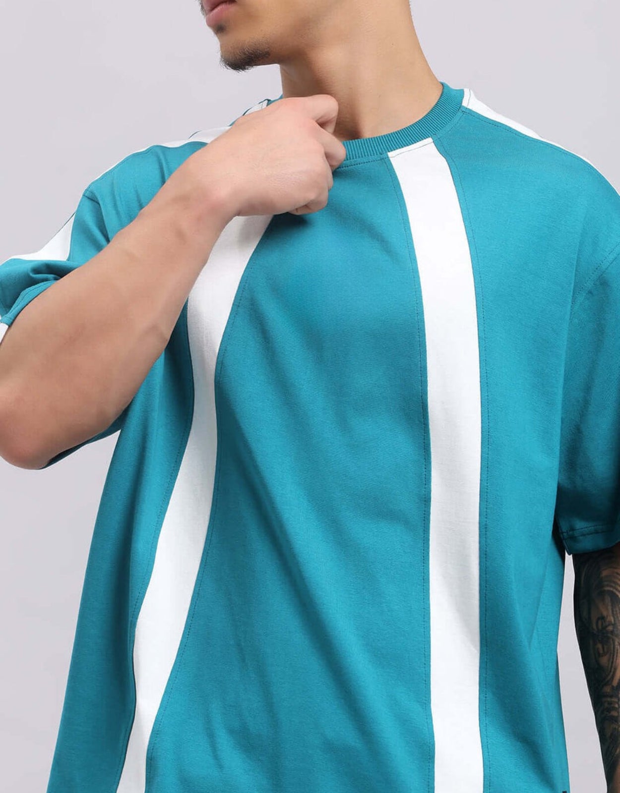 Genz-Classic Men's Teal Blue Oversized Panel Stripe Cotton T-Shirt
