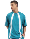 Genz-Classic Men's Teal Blue Oversized Panel Stripe Cotton T-Shirt