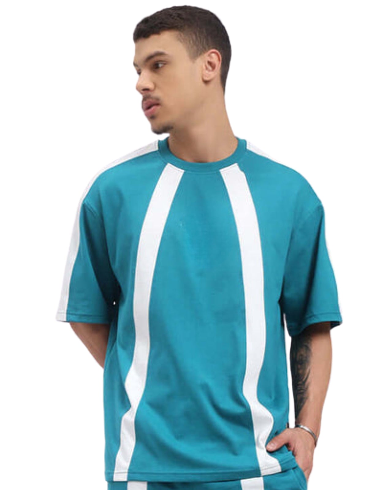 Genz-Classic Men's Teal Blue Oversized Panel Stripe Cotton T-Shirt