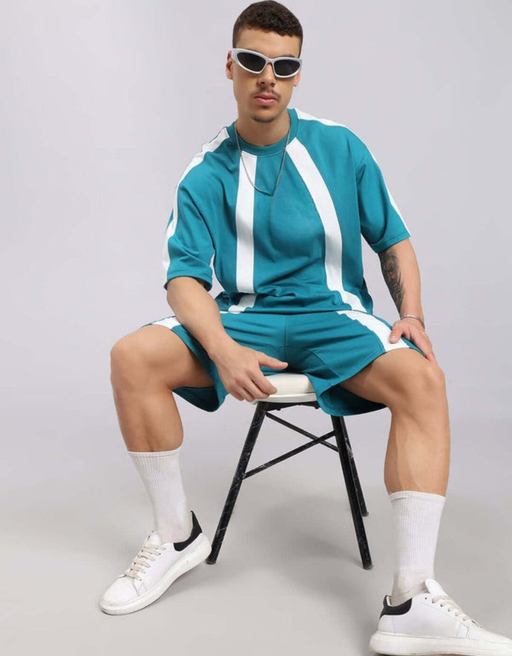 Genz-Classic Men's Teal Blue Oversized Panel Stripe Cotton T-Shirt