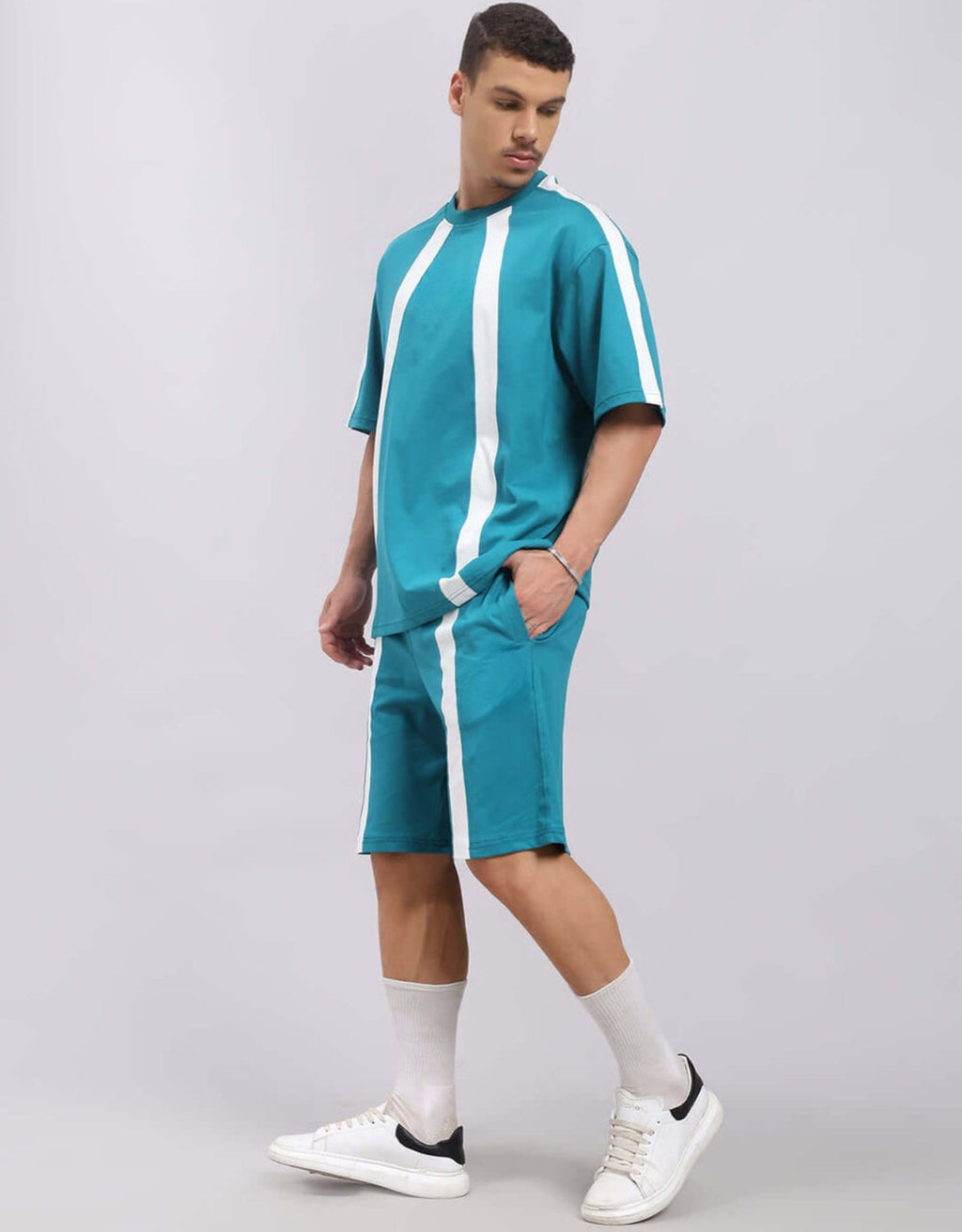 Genz-Classic Men's Teal Blue Oversized Panel Stripe Cotton T-Shirt