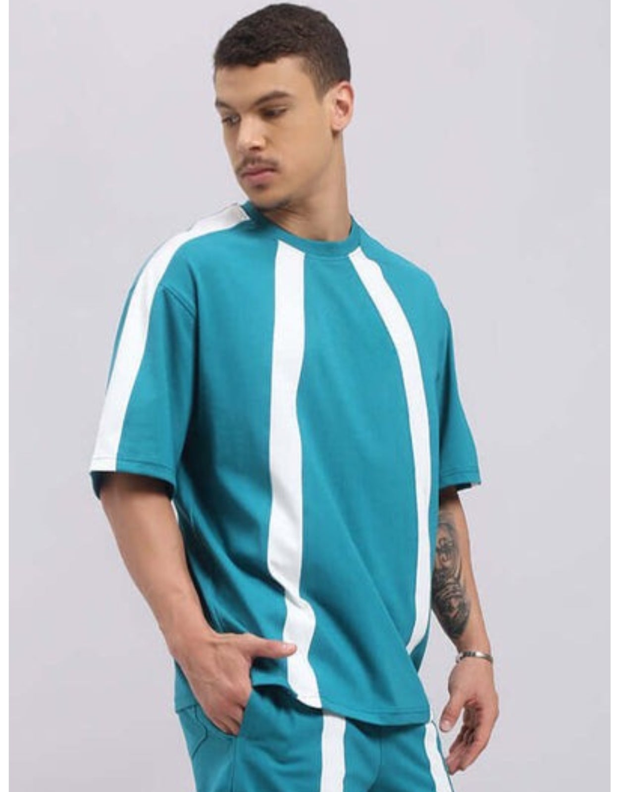 Genz-Classic Men's Teal Blue Oversized Panel Stripe Cotton T-Shirt