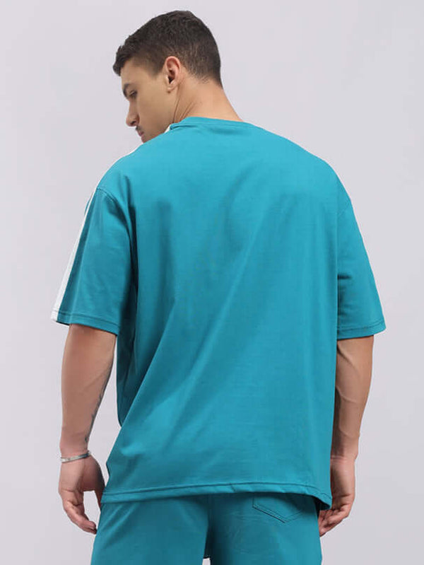 Genz-Classic Men's Teal Blue Oversized Panel Stripe Cotton T-Shirt