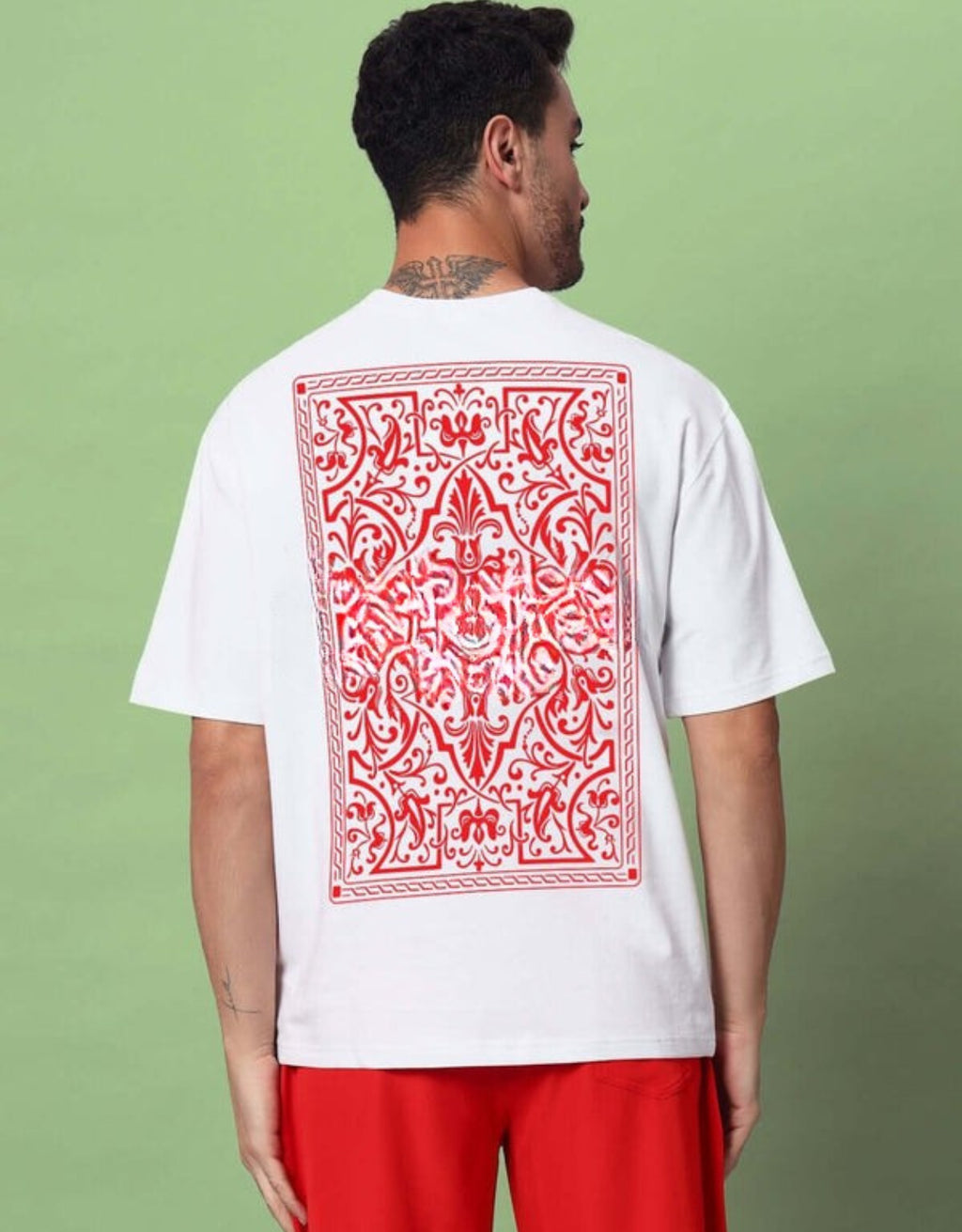 Genz-Classic Men's White Oversized Paisley Graphic Print Cotton T-Shirt