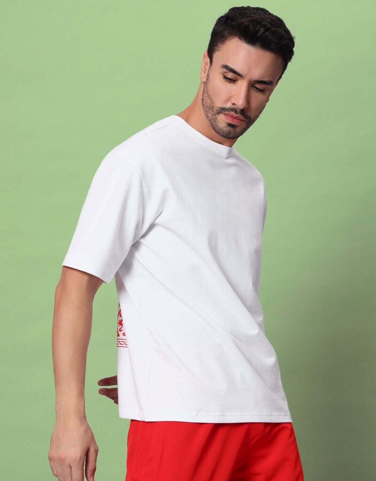 Genz-Classic Men's White Oversized Paisley Graphic Print Cotton T-Shirt