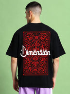 Genz-Classic Men's Black Oversized Dimension Graphic Print Cotton T-Shirt