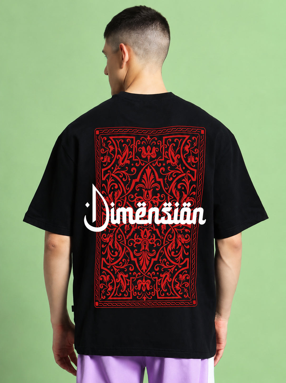 Genz-Classic Men's Black Oversized Dimension Graphic Print Cotton T-Shirt