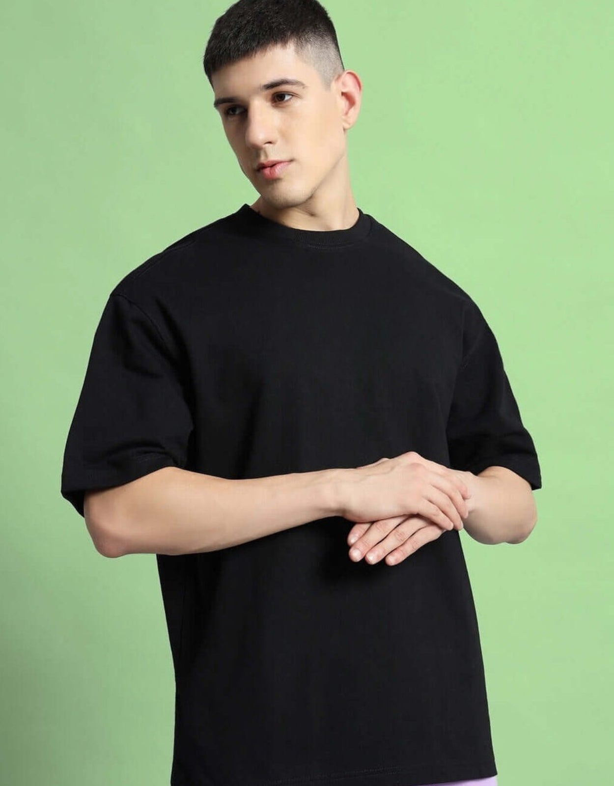 Genz-Classic Men's Black Oversized Dimension Graphic Print Cotton T-Shirt
