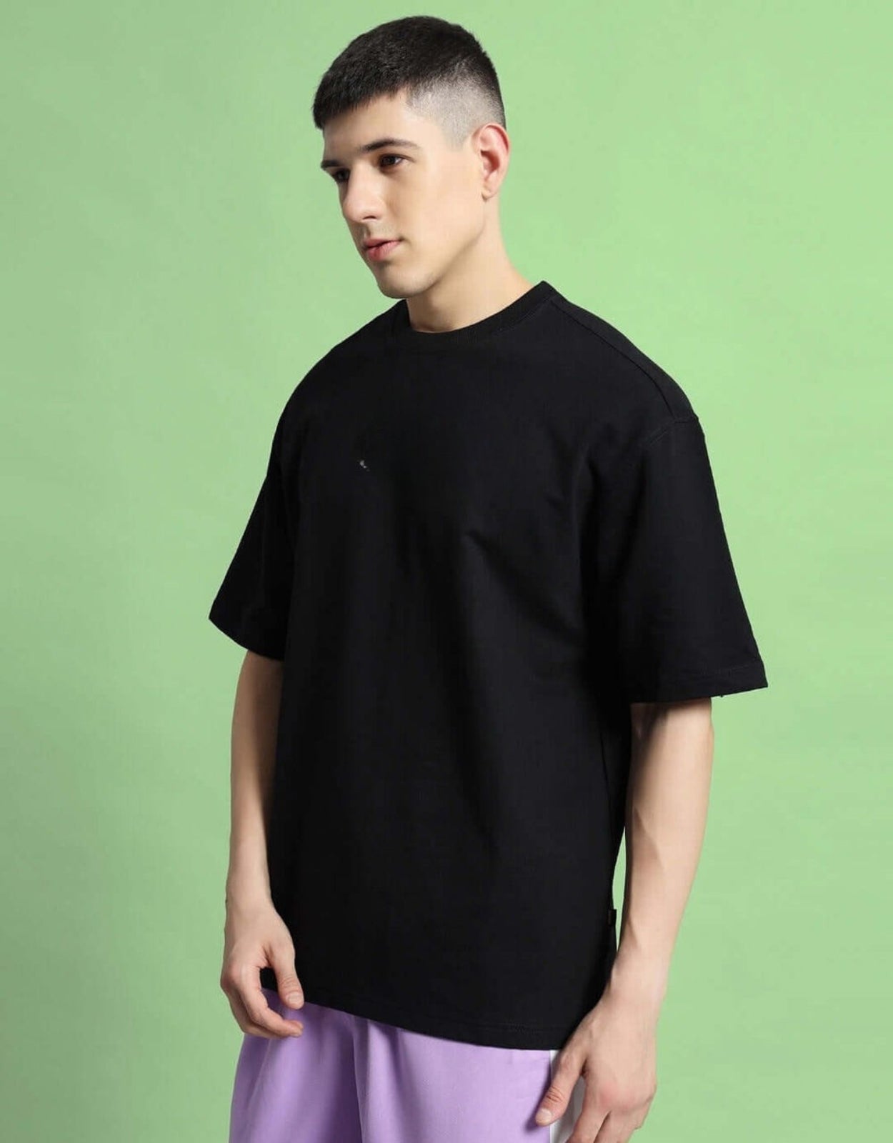 Genz-Classic Men's Black Oversized Dimension Graphic Print Cotton T-Shirt