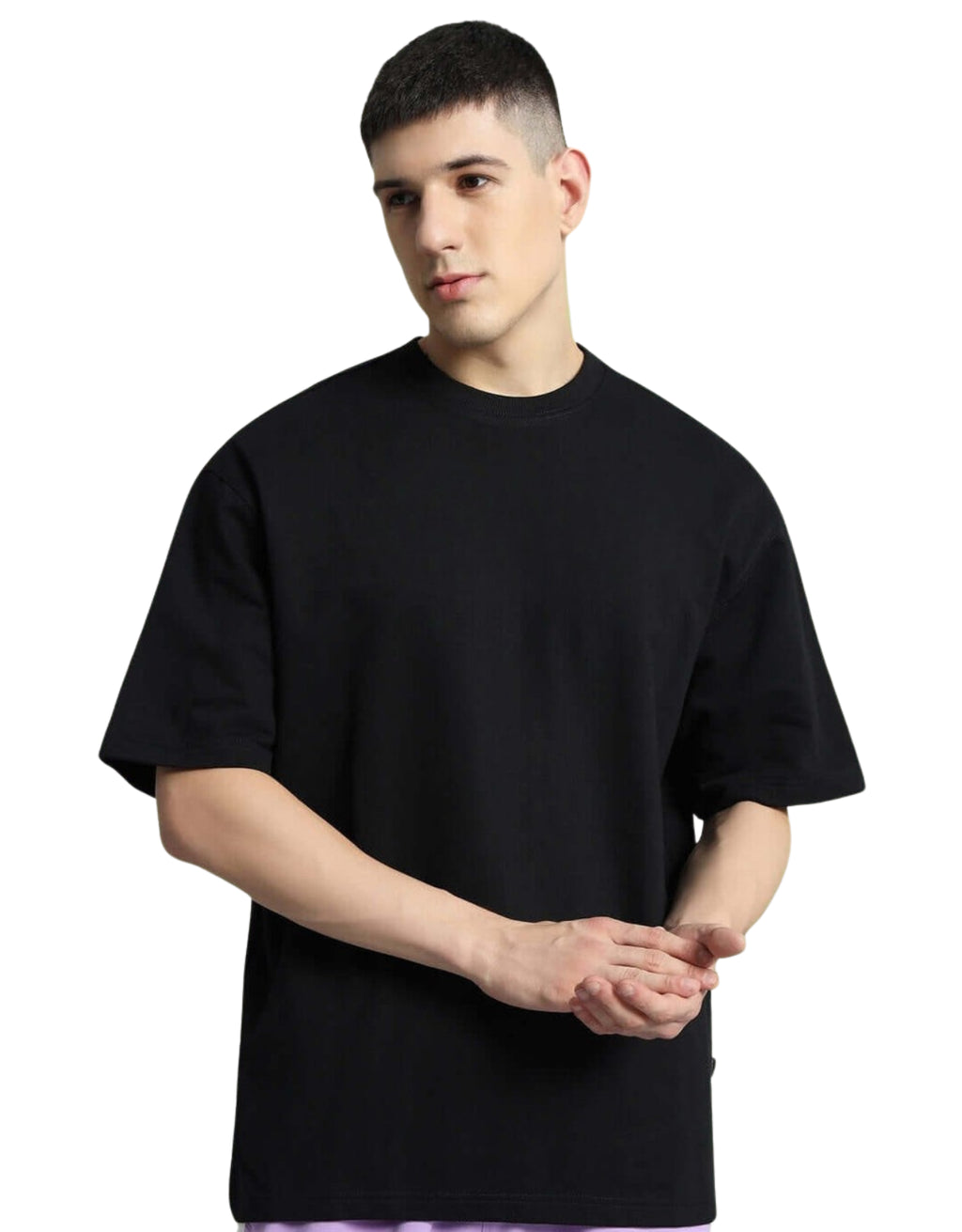 Genz-Classic Men's Black Oversized Dimension Graphic Print Cotton T-Shirt