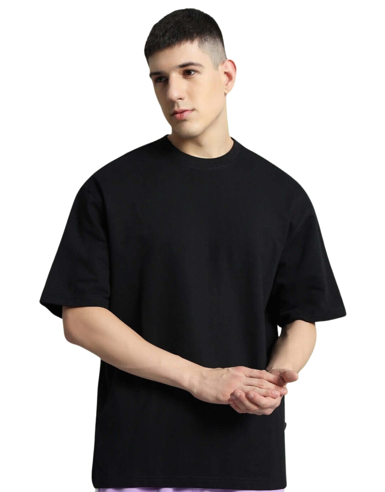 Genz-Classic Men's Black Oversized Dimension Graphic Print Cotton T-Shirt