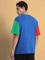 Genz-Classic Men's Blue Oversized Colourblock Cotton T-Shirt