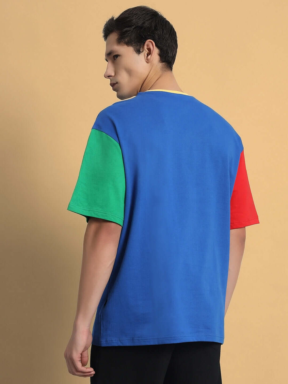 Genz-Classic Men's Blue Oversized Colourblock Cotton T-Shirt
