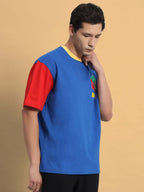 Genz-Classic Men's Blue Oversized Colourblock Cotton T-Shirt