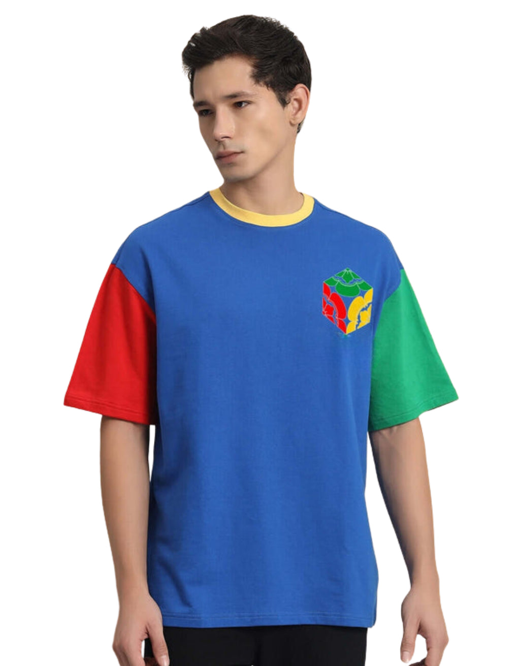 Genz-Classic Men's Blue Oversized Colourblock Cotton T-Shirt