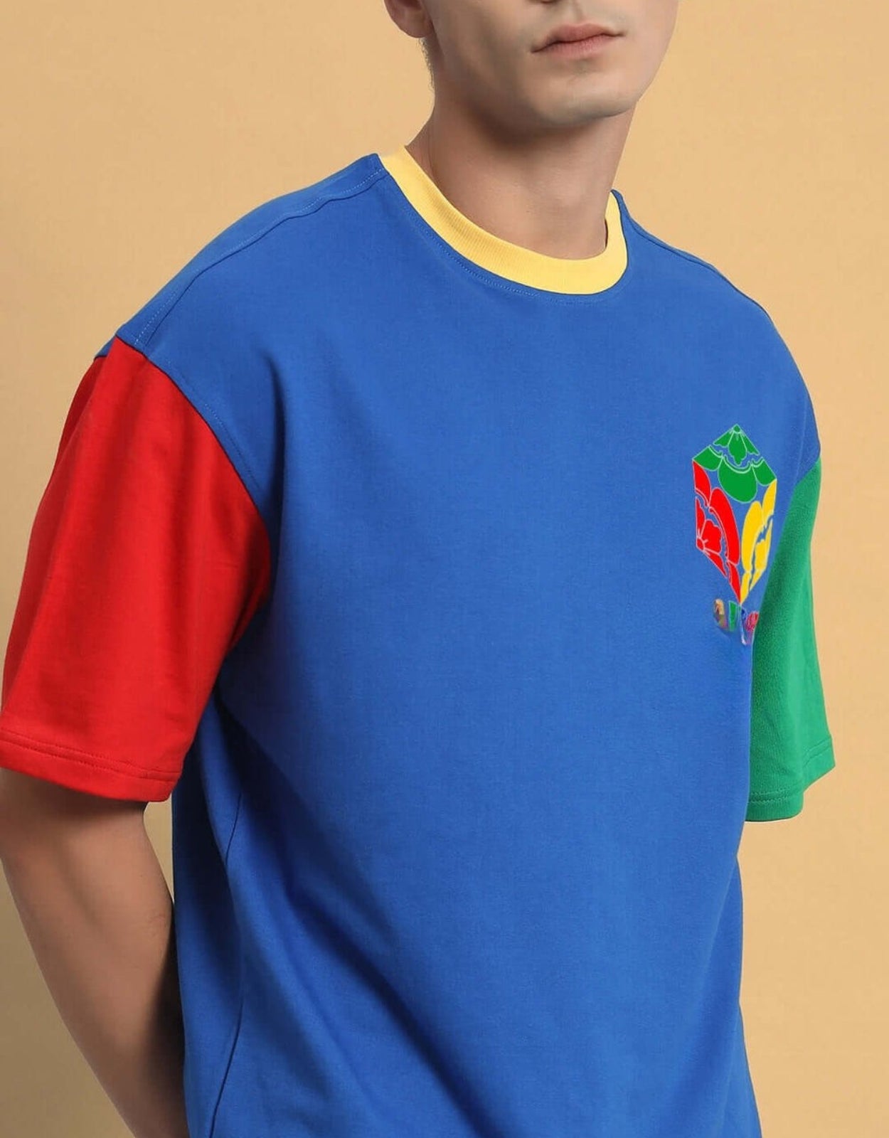 Genz-Classic Men's Blue Oversized Colourblock Cotton T-Shirt