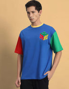 Genz-Classic Men's Blue Oversized Colourblock Cotton T-Shirt