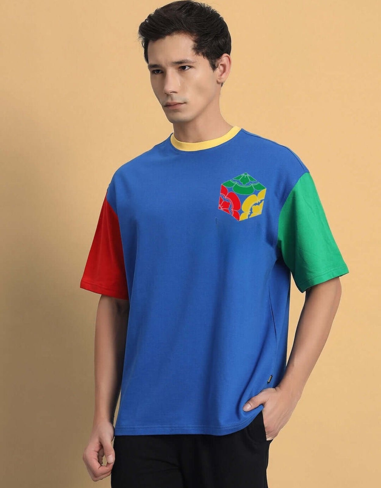 Genz-Classic Men's Blue Oversized Colourblock Cotton T-Shirt