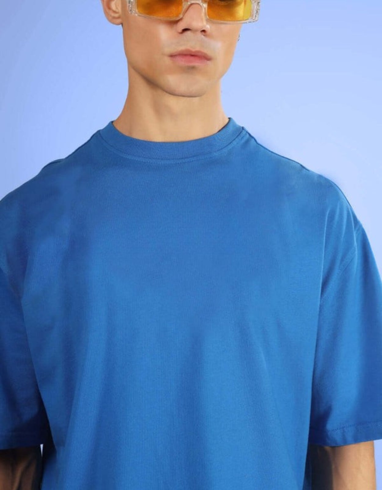 Genz-Classic Men's Blue Oversized Back Shark Astronaut Graphic Printed Cotton T-Shirt