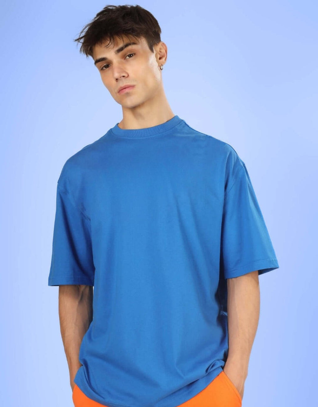 Genz-Classic Men's Blue Oversized Back Shark Astronaut Graphic Printed Cotton T-Shirt