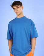 Genz-Classic Men's Blue Oversized Back Shark Astronaut Graphic Printed Cotton T-Shirt