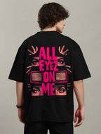 Genz-Classic Men's Black "All Eyez On Me" Graphic Oversized Cotton T-Shirt
