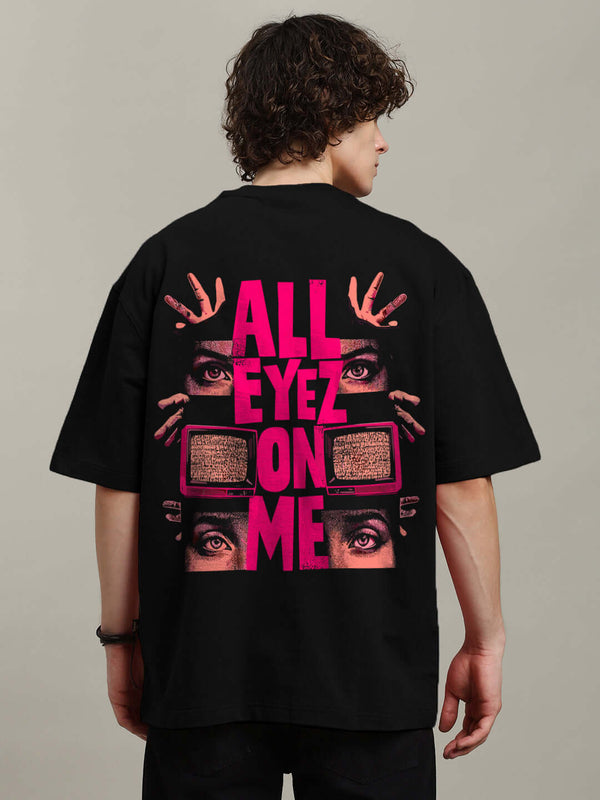 Genz-Classic Men's Black "All Eyez On Me" Graphic Oversized Cotton T-Shirt