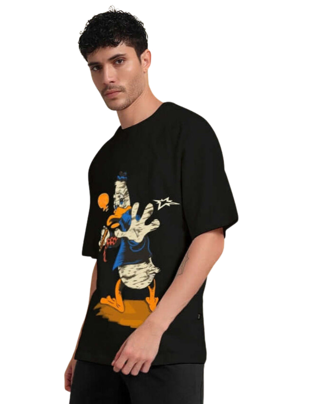 Genz-Classic Men's Black Oversized Donald Duck Graphic Print Cotton T-Shirt