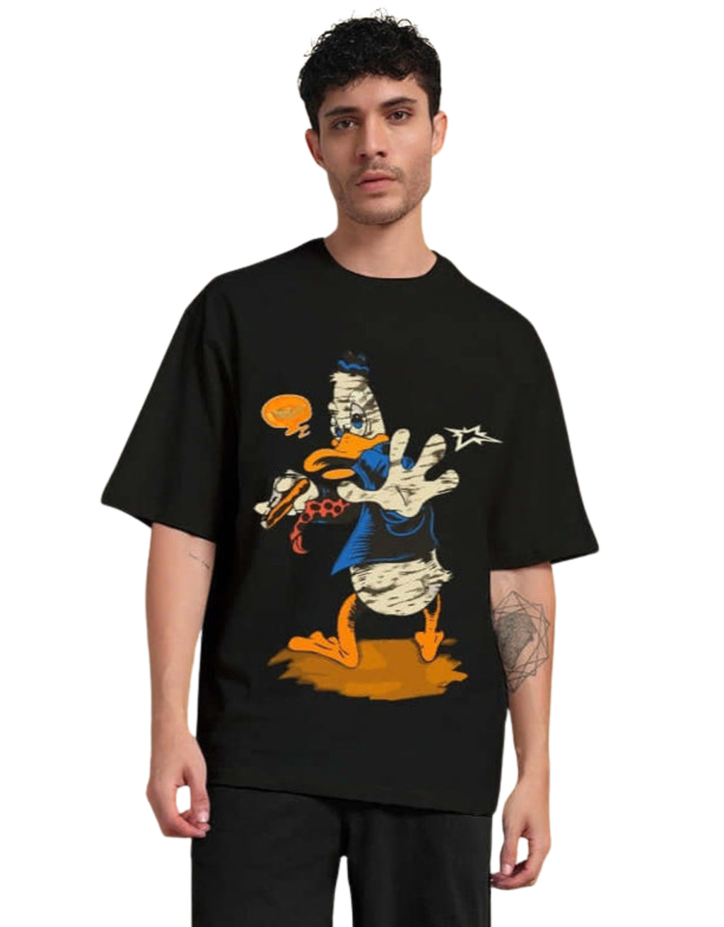 Genz-Classic Men's Black Oversized Donald Duck Graphic Print Cotton T-Shirt