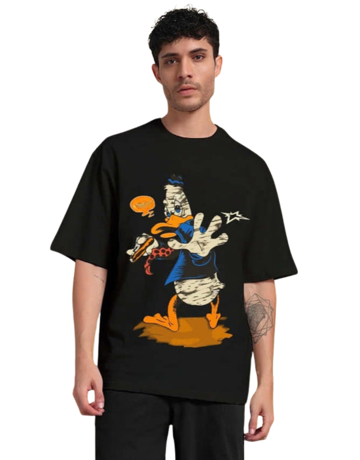 Genz-Classic Men's Black Oversized Donald Duck Graphic Print Cotton T-Shirt