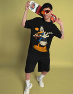 Genz-Classic Men's Black Oversized Donald Duck Graphic Print Cotton T-Shirt