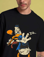 Genz-Classic Men's Black Oversized Donald Duck Graphic Print Cotton T-Shirt