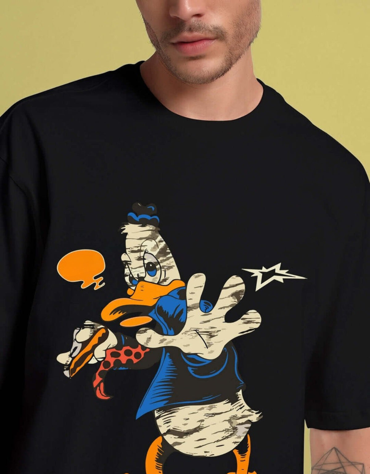 Genz-Classic Men's Black Oversized Donald Duck Graphic Print Cotton T-Shirt