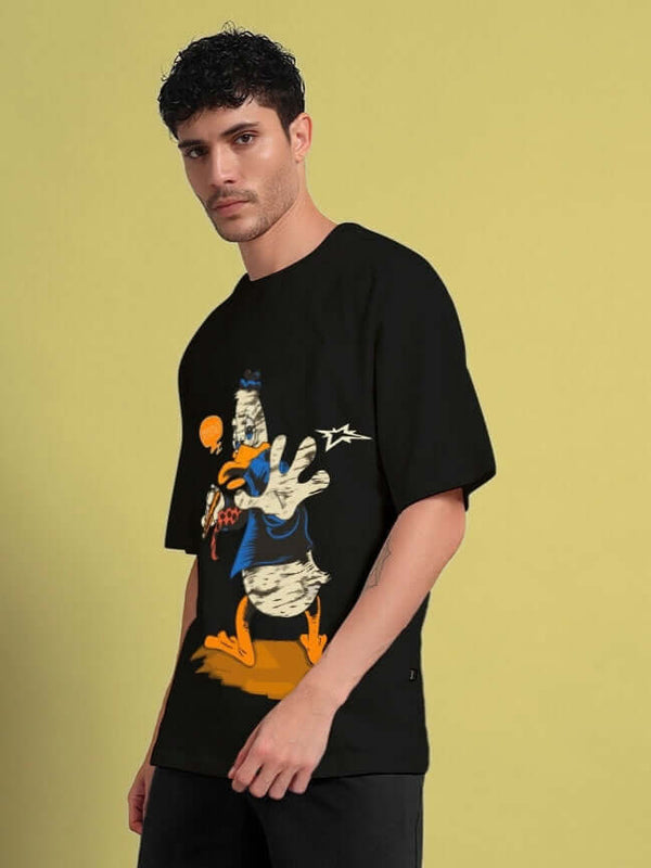 Genz-Classic Men's Black Oversized Donald Duck Graphic Print Cotton T-Shirt