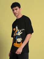 Genz-Classic Men's Black Oversized Donald Duck Graphic Print Cotton T-Shirt