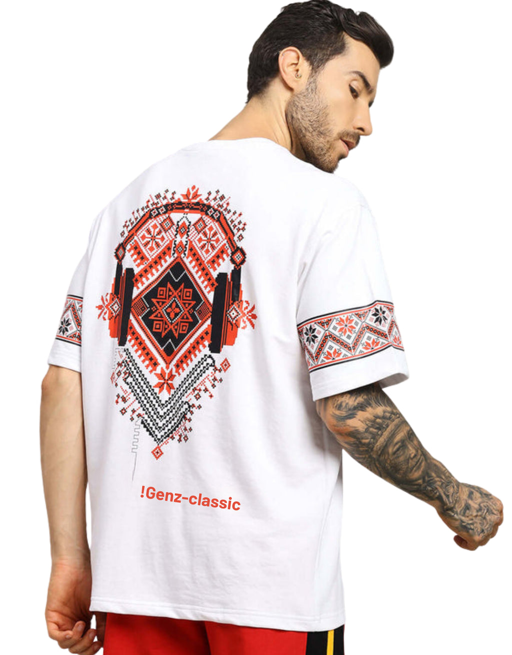 Genz-Classic Men's White Oversized Headphones Graphic Print Cotton T-Shirt