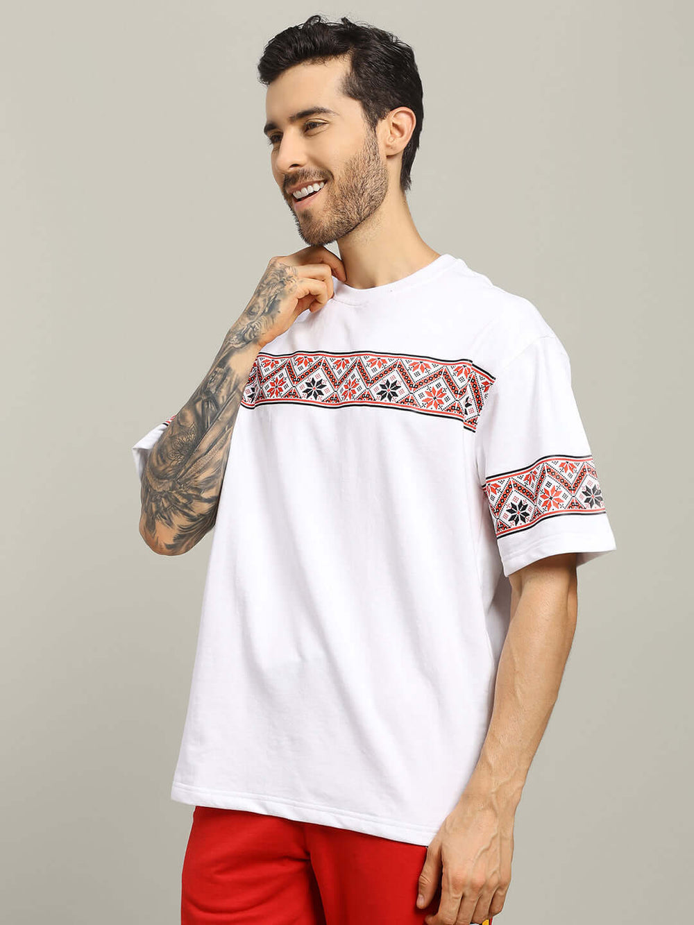 Genz-Classic Men's White Oversized Headphones Graphic Print Cotton T-Shirt
