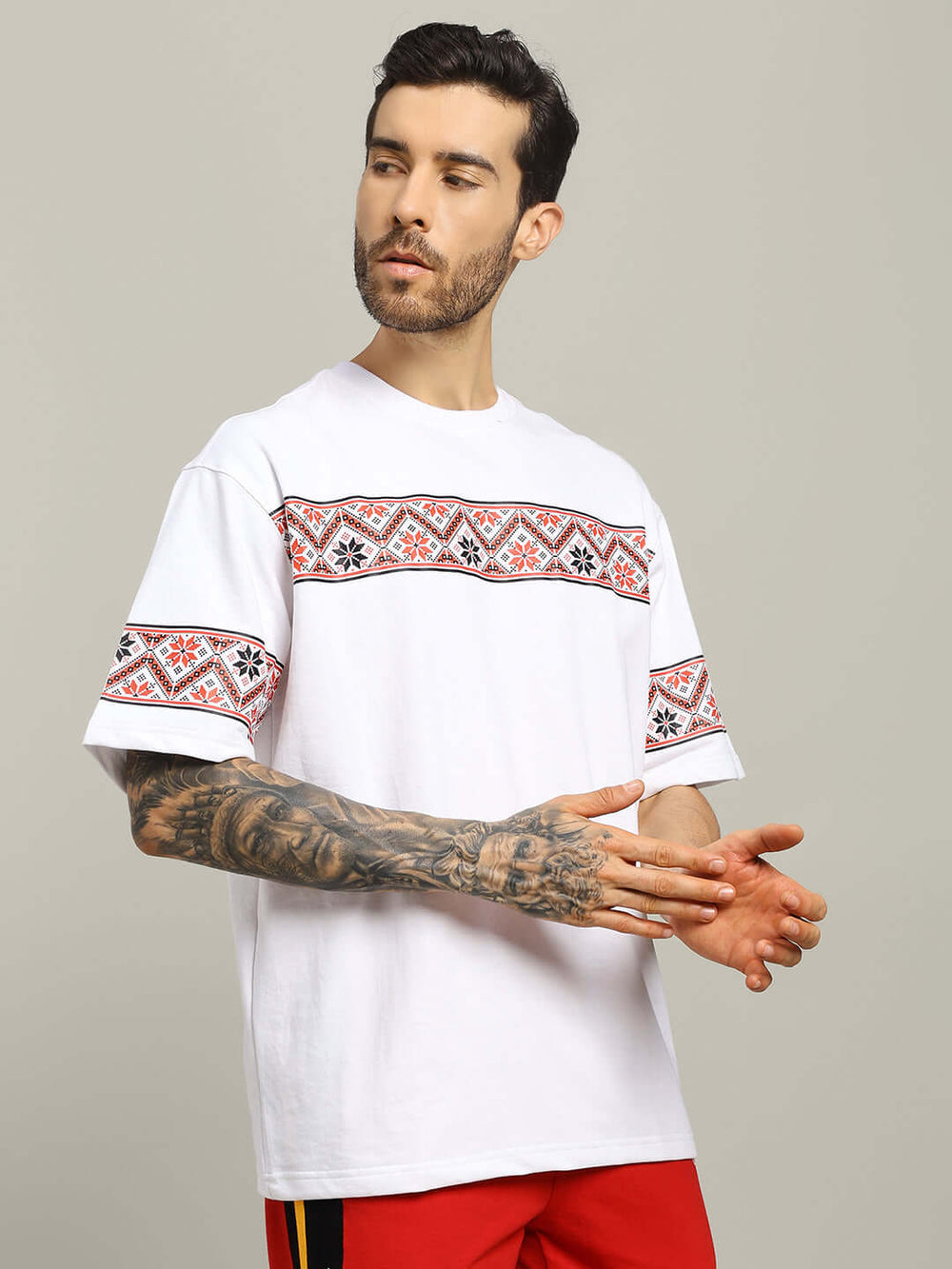 Genz-Classic Men's White Oversized Headphones Graphic Print Cotton T-Shirt