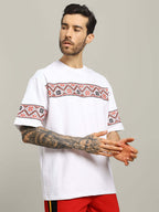Genz-Classic Men's White Oversized Headphones Graphic Print Cotton T-Shirt