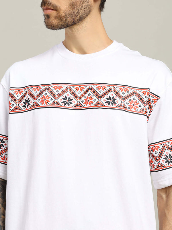 Genz-Classic Men's White Oversized Headphones Graphic Print Cotton T-Shirt