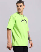 Genz-Classic Men's Neon Green Oversized Orca Graphic Print Cotton T-Shirt