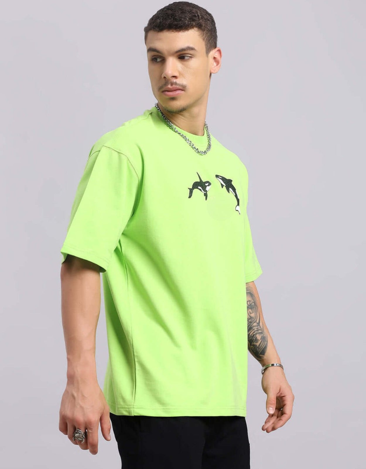 Genz-Classic Men's Neon Green Oversized Orca Graphic Print Cotton T-Shirt