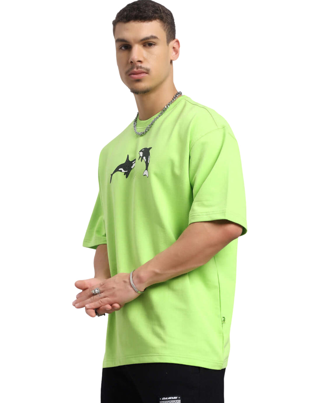 Genz-Classic Men's Neon Green Oversized Orca Graphic Print Cotton T-Shirt