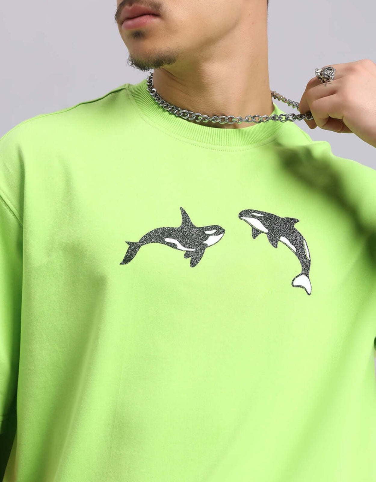 Genz-Classic Men's Neon Green Oversized Orca Graphic Print Cotton T-Shirt