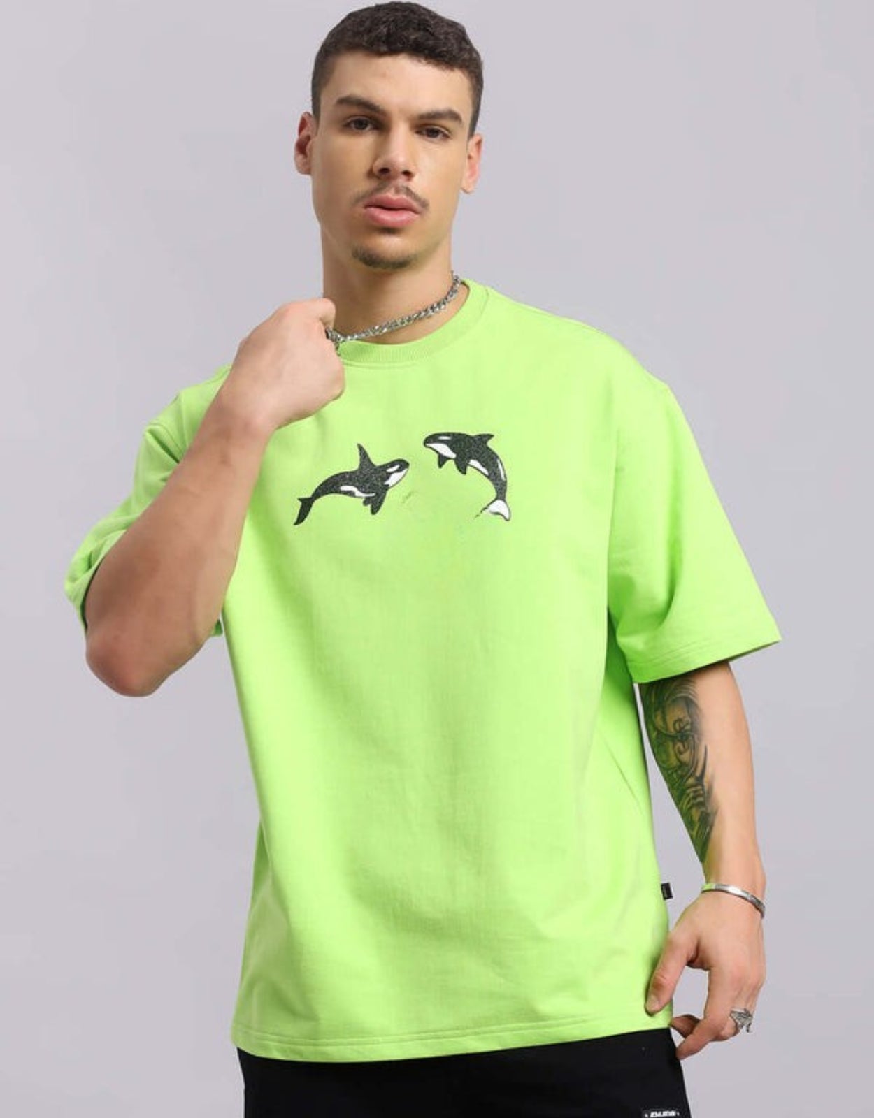 Genz-Classic Men's Neon Green Oversized Orca Graphic Print Cotton T-Shirt